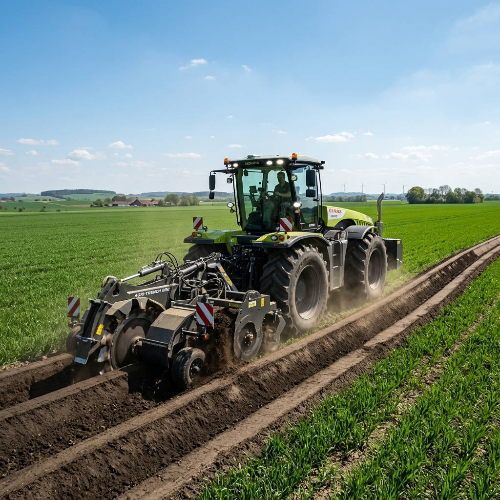 Modern ride-on agricultural trencher working in a vast field